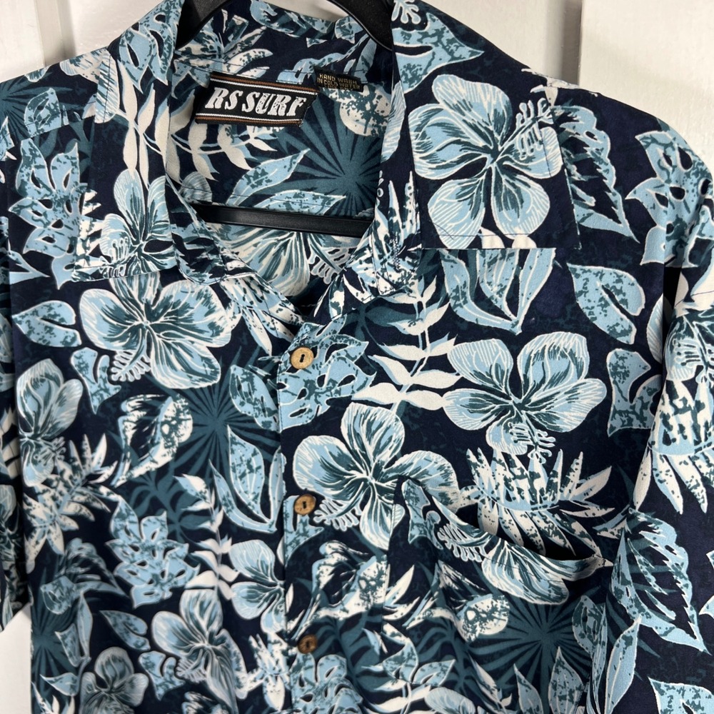 RS Surf Mens XXL Blue Hibiscus Floral Print Short Sleeve Button Down Shirt